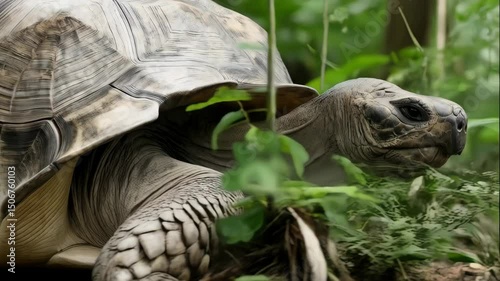 Close-up of a large land turtle with a patterned shell, walking through lush green foliage in a tropical environment.