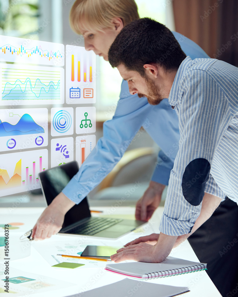 © Lustre Art Group  - Composite collage. Team studying floating analytics dashboards with colorful graphs, timelines and structure icons in transparent UI style. Concept of virtual business, planning system, investments