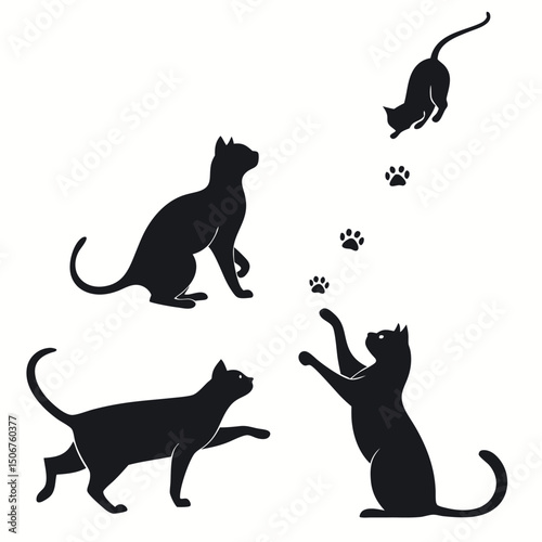 Set of black cat silhouettes. Stencil for Halloween, card, poster or other design. Black cat.