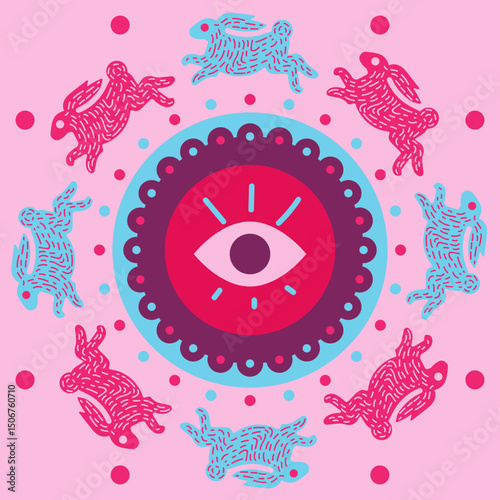 Surreal Rabbits Around a Human Eye Vector Art in Dreamy and Whimsical Style for Fantasy and Mystical Themes