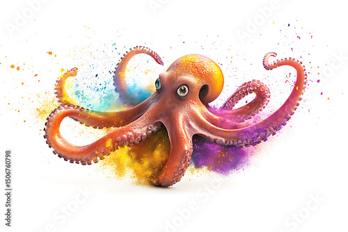 Colorful octopus surrounded by vibrant splashes in a creative underwater scene photo
