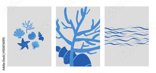 Summer marine blue boho abstract posters. Hand drawn cards with sea coast, seashell, waves, coral. Vector illustration for design, template, print, paper, decor, postcard, logo, flyer, postcards