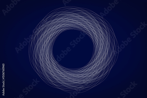 Complex circle composed of many thin white lines, creating an illusion of movement or vibration. White on blue background. Ideal for tech, rhythm, or dynamic projects.