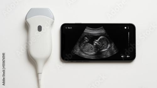 portable smart ultrasound device connected with mobile phone highlighting medical handheld imaging technology monitoring and healthcare innovation
