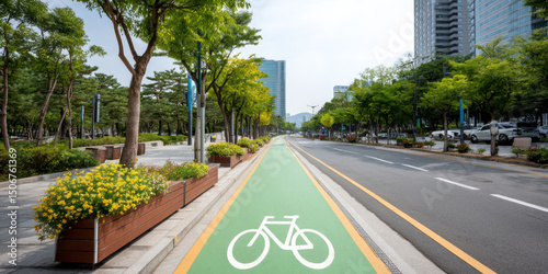 A green bike lane runs through a modern city street lined with trees, flowers, and tall buildings under a clear sky.