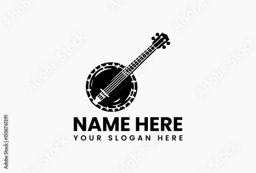 Stylized black and white banjo vector logo with intricate decorative elements for music branding  