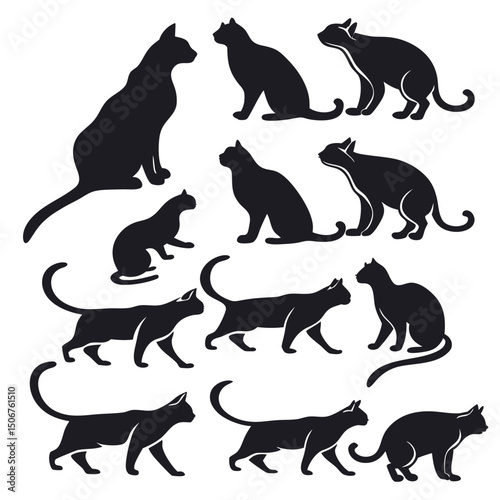 Set of black cat silhouettes. Stencil for Halloween, card, poster or other design. Black cat.