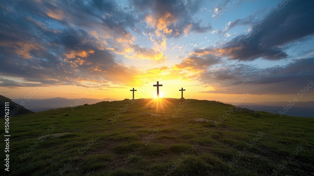 Obraz premium Majestic silhouetted crosses stand tall against a dramatic moody sky filled with colorful clouds and a vibrant sunset This serene powerful scene evokes feelings of spirituality faith