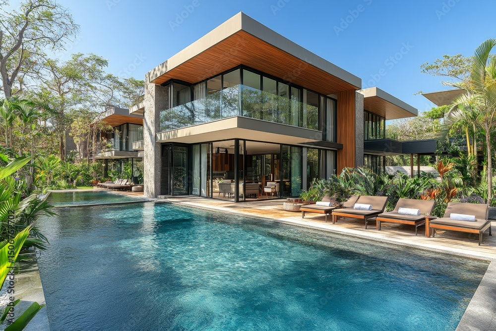 Fototapeta premium Luxury villa, tropical pool, ocean view, Costa Rica, vacation rental