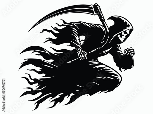 Grim Reaper Pose, Grim Reaper Action Pose, Grim Reaper Activity Pose, Grim Reaper Silhouette Black Vector Illustration