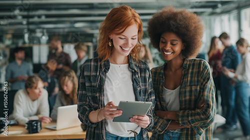 A photograph of two diverse women in an open office, smiling and looking at the tablet screen together as they stand near each other with people working behind them. 