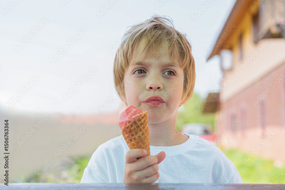 A blond boy in a white T-shirt is eating berry ice cream. A blond boy in a white T-shirt is eating berry ice cream.