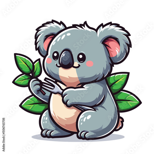 vector style cute koala mascot eat leaf