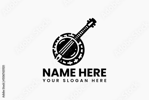 Stylized black and white banjo vector logo with intricate decorative elements for music branding  