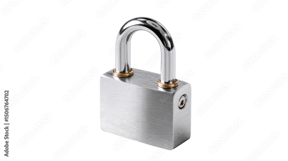 Security Lock: A close-up studio shot of a shiny, silver padlock, symbolizing safety and protection. The sleek design and metallic sheen evoke a sense of security and vigilance. Security Lock: A close-up studio shot of a shiny, silver padlock, symbolizing safety and protection. The sleek design and metallic sheen evoke a sense of security and vigilance.