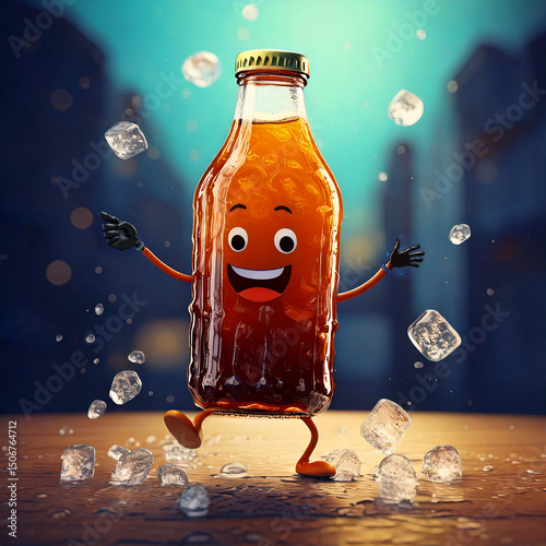 Cartoon cold brew bottle dancing with ice cubes as its feet