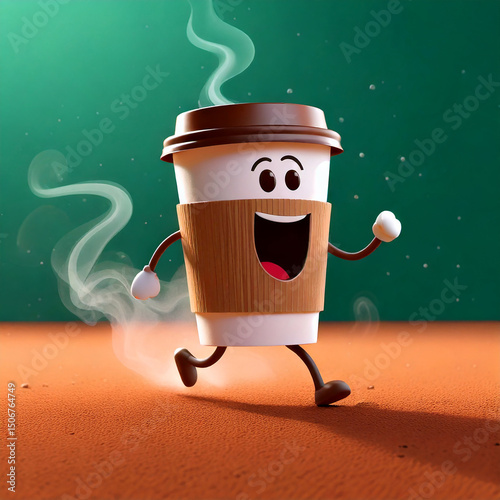 To-go coffee cup running with excitement, leaving steam trails behind 