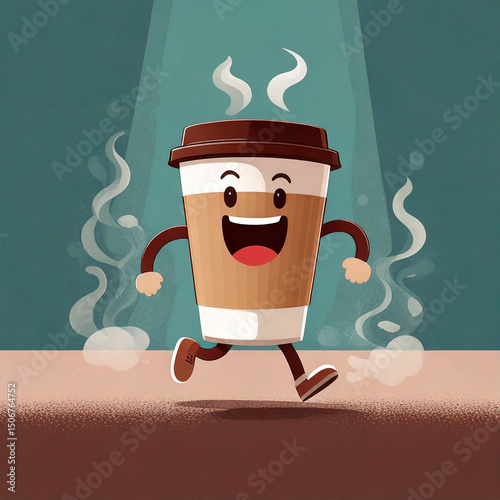 To-go coffee cup running with excitement, leaving steam trails behind 