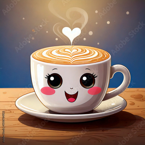 Cute cartoon cappuccino cup with big eyes and a smiling face, steam forming a heart above it