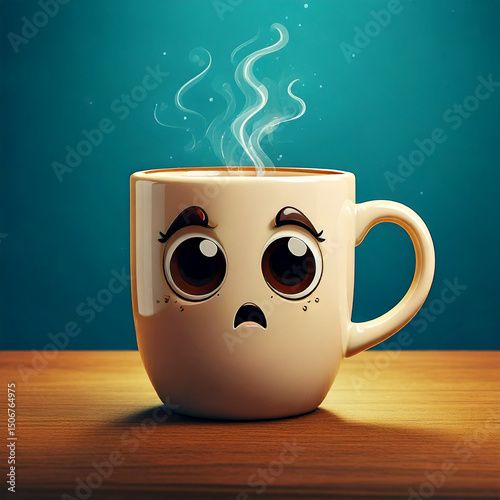 Silly coffee mug with crossed eyes spinning from drinking too much coffee 