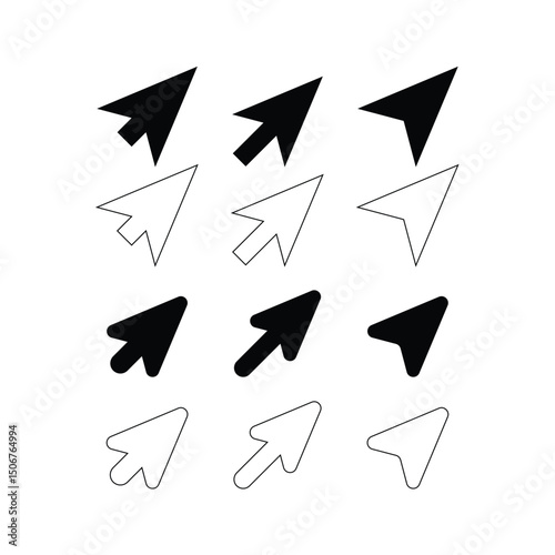 Comprehensive Cursor Icon Vector Set Featuring Mouse Pointer Symbols Finger Click Arrows and Web Interface Silhouettes and Outline Illustrations Isolated on White Background