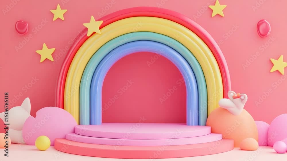 Colorful rainbow arch in playful pastel-themed room