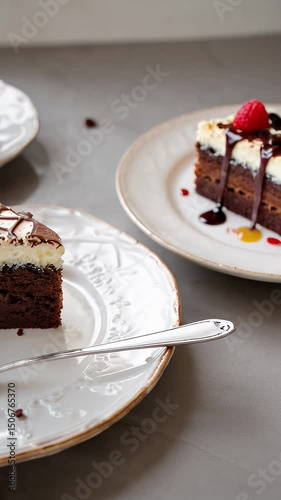 A delectable slice of layered chocolate cake with creamy topping drizzled with chocolate, suitable for food blogs, cafes, menus, or dessert advertisements