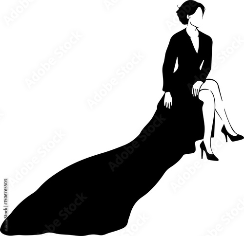 Vector image of a woman in a long black evening dress sitting on a chair. Illustration. Isolated on white background