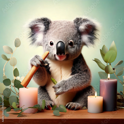 A koala with a bamboo stick, surrounded by eucalyptus