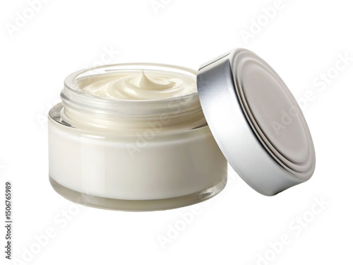 Open jar of white face cream isolated on transparent background for skincare