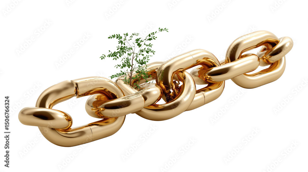 Obraz premium Breaking The Chains: A symbolic representation of breaking free, as a plant emerges from within a golden chain, symbolizing freedom, growth, and the power to overcome limitations.