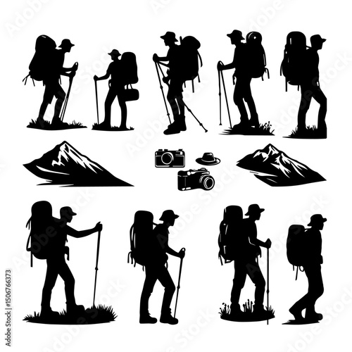 Big set of mountaineer climber hiker people, vector silhouette collection