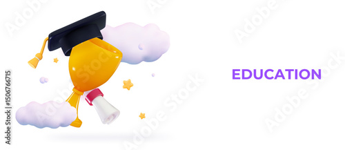 3d Education Concept Graduation hat over golden trophy Study learning back to school Study award, achievement in education