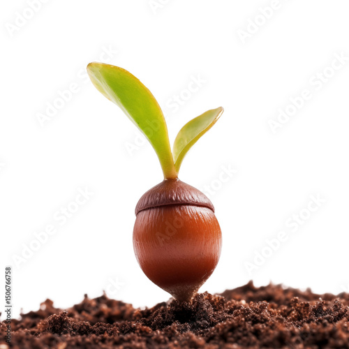 Close-up of a sprouting acorn on a white background