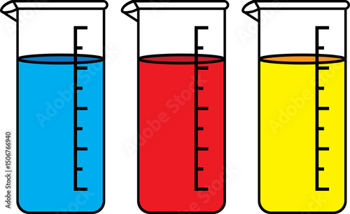 Three Laboratory Beakers Filled with Colorful Liquids in Blue, Red, and Yellow