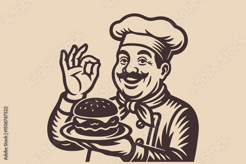 Chef with burger making okay gesture retro vector illustration