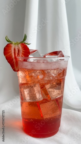 Strawberry Refreshment: A close-up of a vibrant refreshing strawberry beverage with ice cubes, crowned by a succulent strawberry slice, evoking freshness and delight. 