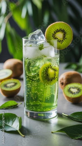 Refreshing Kiwi Fizz: A tall glass of vibrant green kiwi fizz, garnished with fresh kiwi slices and ice, sits on a gray surface surrounded by juicy kiwi fruits and lush green leaves.