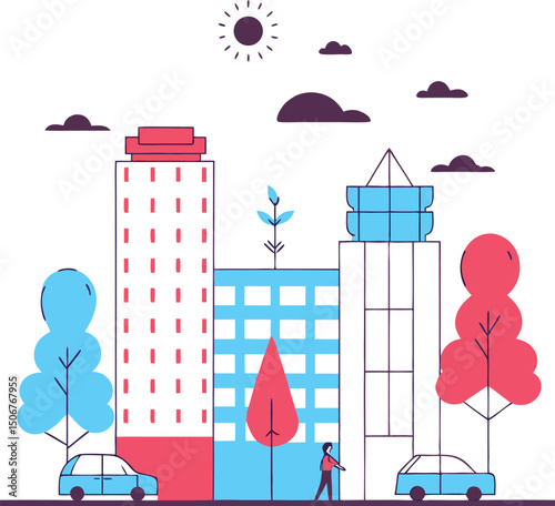 Vector illustration design for a seamless Christmas holiday city pattern with cute cartoon houses, trees, and gift decorations