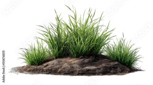 Lush green grass on dark soil isolated on black background