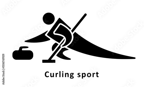 Curling sport player icon, black silhouette isolated on white. Curling man athlete sliding stone on a sheet of ice, minimalist stencil sign. Vector clipart for sport design, winter games illustration.