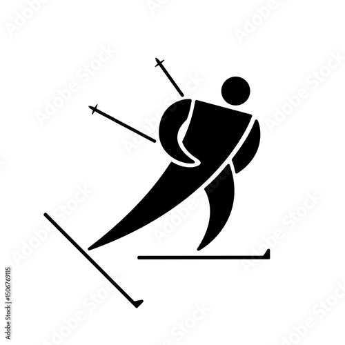 Skiing man icon, black silhouette isolated on white. Running cross-country skiing athlete or adult skier in move, minimalist stencil sign. Vector clipart for sport design, winter games illustration.