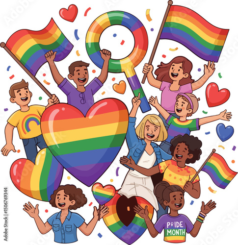 Joyful Diverse People Celebrating Pride Month with Rainbows