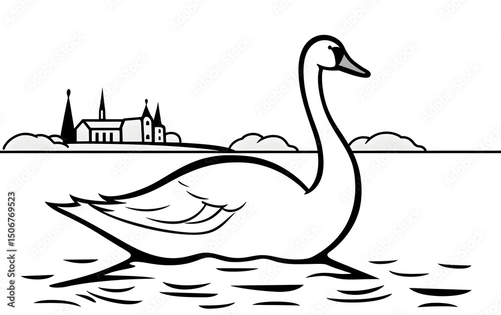 Naklejka premium A simple line art coloring page depicting a swan swimming.