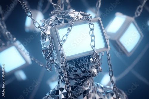 A low-poly figure whose head is surrounded by bright screens connected by chains.