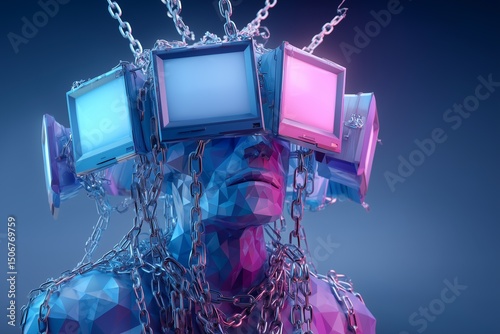 A low-poly figure whose head is surrounded by bright screens connected by chains.