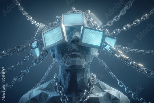 A low-poly figure whose head is surrounded by bright screens connected by chains.