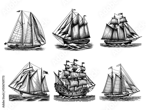 sailing vessels and tall ships Set collection bundle sketch engraving generative ai PNG illustration. Scratch board imitation. Black and white image. photo