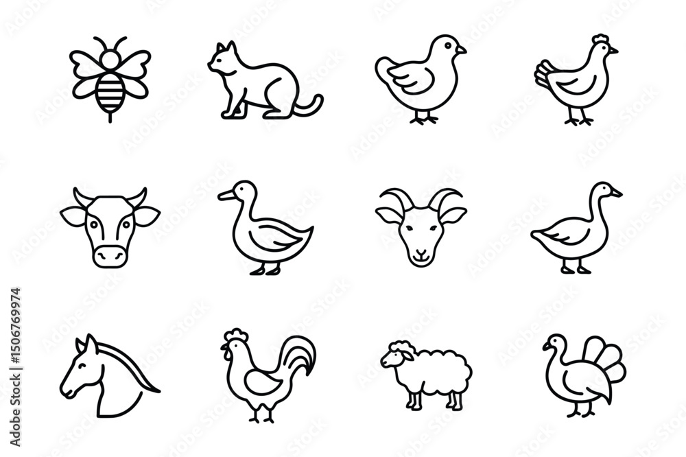 Fototapeta premium farm animals icon line art set 