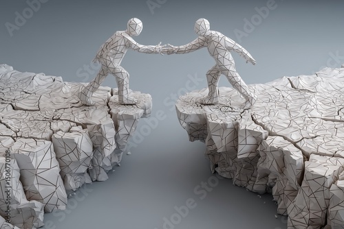 Two low-poly figures standing on opposite ends of a cracked earth fissure, with outstretched hands.
